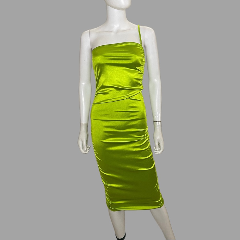 Lime Green‎ Ruched One Shoulder Satin Midi Dress